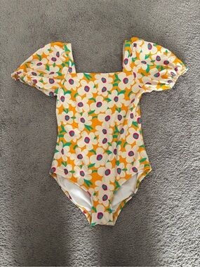 Girls Hanna Anderson Floral Puff Sleeve One-Piece Swimsuit - Yellow & White